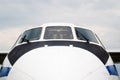 Front view of the cockpit of a passenger plane, Zhukovsky. Royalty Free Stock Photo