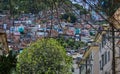 Front view of the colorful houses and facades of the Santa Marta favela in Rio de Janeiro, Brazil