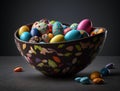 Painted easter eggs in bowl in dark studio background. AI generated illustration. Royalty Free Stock Photo