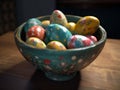Painted easter eggs in bowl on wooden table. AI generated illustration. Royalty Free Stock Photo