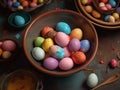 Painted easter eggs in bowl on wooden table. AI generated illustration. Royalty Free Stock Photo