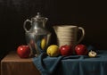 Classic Still Life Painting of Fruits with Metal Pitcher and Ceramic Jug Royalty Free Stock Photo