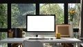 Computer pc with empty display on white table in home office. Royalty Free Stock Photo