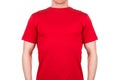 Front view of confident male in blank red t-shirt isolated white background