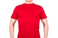 Front view of confident male in blank red t-shirt isolated white background