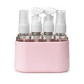 Front view of cosmetic bottle travel set Royalty Free Stock Photo