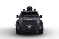 Front view 3D rendering of an armoured police SWAT vehicle isolated on white