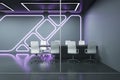 Front view of dark futuristic conference room with glass wall and neon backlit. 3D Rendering