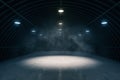 Front view dark smokey garage interior with spotlight and concrete floor, car background and empty stage concept. 3D Rendering, Royalty Free Stock Photo