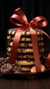 A front view of delectable cookies, artfully wrapped with a chic dark bow
