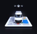 Front view of delivery drone and van on digital tablet computer Royalty Free Stock Photo