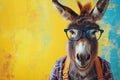 Front view of a donkey wearing glasses, on yellow background.