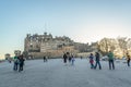 Front view at the Edinburgh Castle, tourists and walls fortress, on city of Edinburgh, Scotland