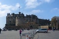 Front view at the Edinburgh Castle, tourists and walls fortress, on city of Edinburgh, Scotland