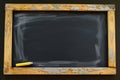 Front view of empty black chalkboard with wooden frame, copy space Royalty Free Stock Photo