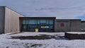 Front view of the empty entrance of visitor center building in Thingvellir National Park in winter season.