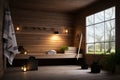 Front view of empty Finnish sauna room. Modern interior of wooden spa cabin with dry steam Royalty Free Stock Photo