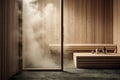 Front view of empty Finnish sauna room. Modern interior of wooden spa cabin with dry steam Royalty Free Stock Photo