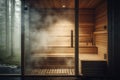 Front view of empty Finnish sauna room. Modern interior of wooden spa cabin with dry steam Royalty Free Stock Photo