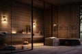 Front view of empty Finnish sauna room. Modern interior of wooden spa cabin with dry steam Royalty Free Stock Photo