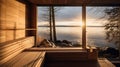 Front view of empty Finnish sauna room. Modern interior of wooden spa cabin with dry steam Royalty Free Stock Photo