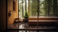 Front view of empty Finnish sauna room. Modern interior of wooden spa cabin with dry steam Royalty Free Stock Photo