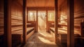 Front view of empty Finnish sauna room. Modern interior of wooden spa cabin with dry steam. Generative Ai Royalty Free Stock Photo