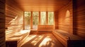 Front view of empty Finnish sauna room. Modern interior of wooden spa cabin with dry steam. Generative Ai Royalty Free Stock Photo