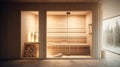 Front view of empty Finnish sauna room. Modern interior of wooden spa cabin with dry steam. Generative Ai Royalty Free Stock Photo