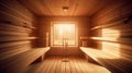 Front view of empty Finnish sauna room. Modern interior of wooden spa cabin with dry steam. Generative Ai Royalty Free Stock Photo
