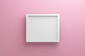 Front view of empty frame on light pink wall background with modern minimal concept. Display of showing exhibition. Realistic 3D