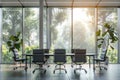 Front view of empty modern bright conference room with office table and chairs and large windows Royalty Free Stock Photo