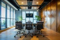 Front view of empty modern bright conference room with office table and chairs and large windows Royalty Free Stock Photo