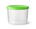 Front view of empty round plastic food container