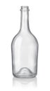 Front view of empty transparent glass liquor bottle