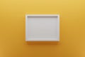 Front view of empty white picture frame on wall, background light orange, minimal design concept, 3D render