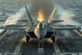 Front view of an F-22 Raptor fighter jet accelerating during takeoff on an aircraft carrier runway. The aircraft is sent Royalty Free Stock Photo