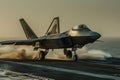 Front view of an F-22 Raptor fighter jet accelerating during takeoff on an aircraft carrier runway. The aircraft is sent