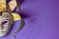 Front view of fancy golden Venetian carnival mask hanging on purple wall. Copy space for text