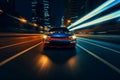 Front view fast car light streaks city street night Royalty Free Stock Photo