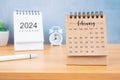 Front view of February desk calendar for 2024 year with pen