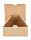 Front view of flat square brown cardboard box with open lid isolated on white background