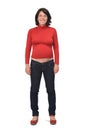 Front view of full portrait of a pregnant woman with casual clothes on white background Royalty Free Stock Photo