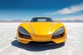 Futuristic yellow sports car on the on dried salt lake landscape. AI generated Royalty Free Stock Photo