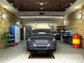 Front View of a Garage with a car 3D Interior with Opened Roller Royalty Free Stock Photo