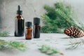 Front view of glass bottles of pine essential oil with fresh fir tree branch
