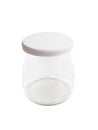 Front view of glass jar with plastic lid isolated. Empty glass yogurt jar on white background. Mini yogurt jar with lid. Kitchen Royalty Free Stock Photo