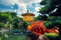 Front view the Golden pavilion temple with red bridge in Nan Lian garden, Hong Kong. Asia Royalty Free Stock Photo