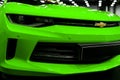 Front view of a green Chevrolet Camaro 2017. Car exterior details. Royalty Free Stock Photo