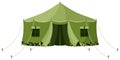 Front view of green khaki camouflage military tarpaulin tent. Touristic equipment for camping and tourism